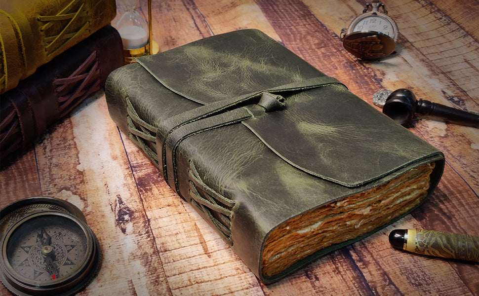 LEATHER BOUND JOURNAL WITH ANTIQUE DECKLE EDGE PAPER FOR MEN WOMEN (Olive)