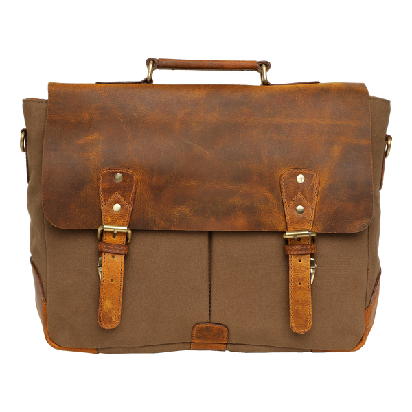 Handmade Leather Canvas Briefcase Bag (Olive Green)