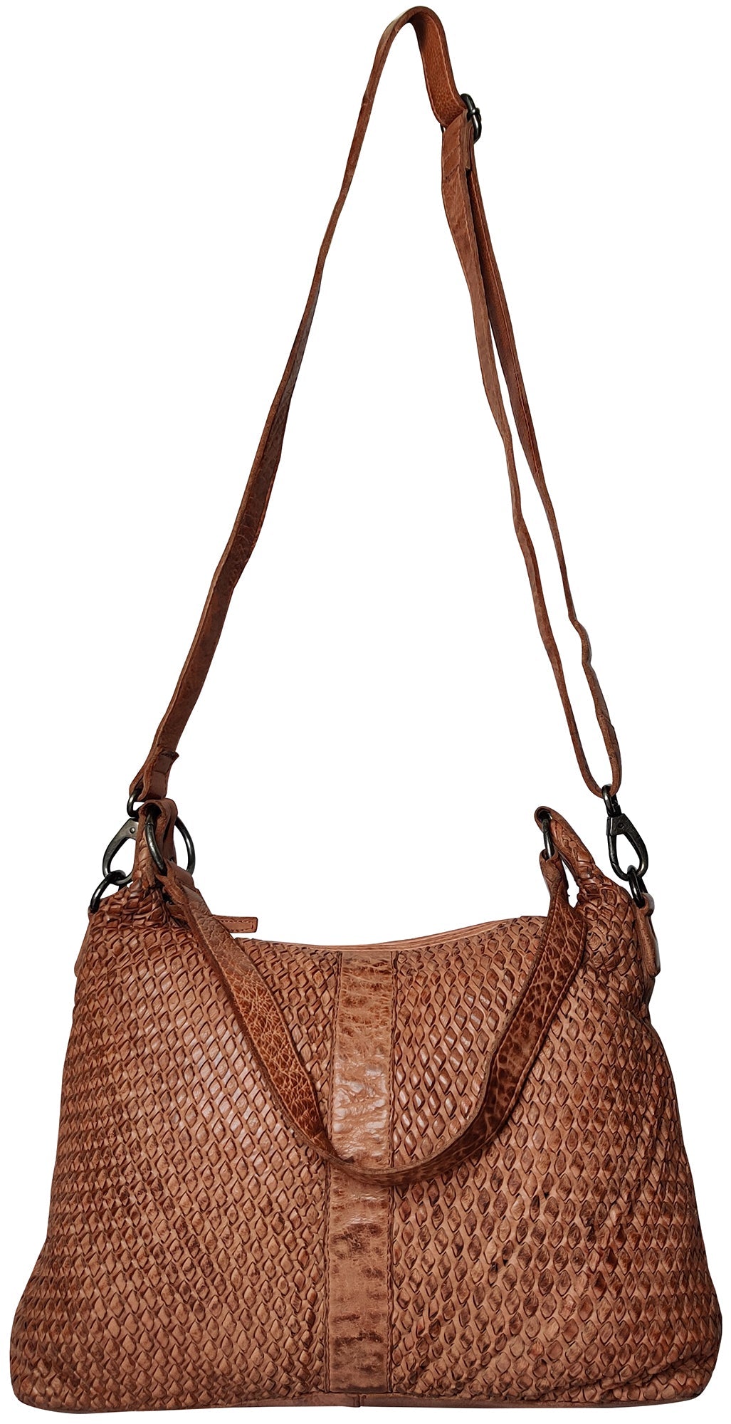 Leather Hand-Woven Tote Shoulder Bag for Women, Cognac