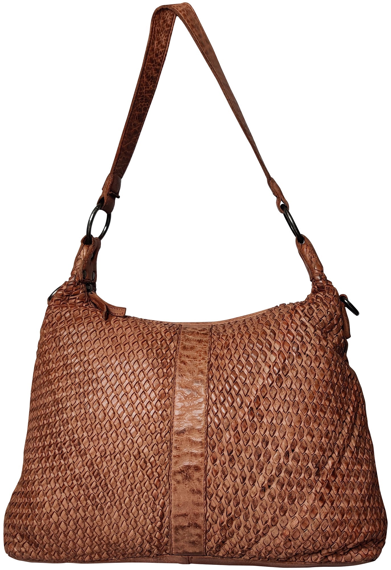 Leather Hand-Woven Tote Shoulder Bag for Women, Cognac