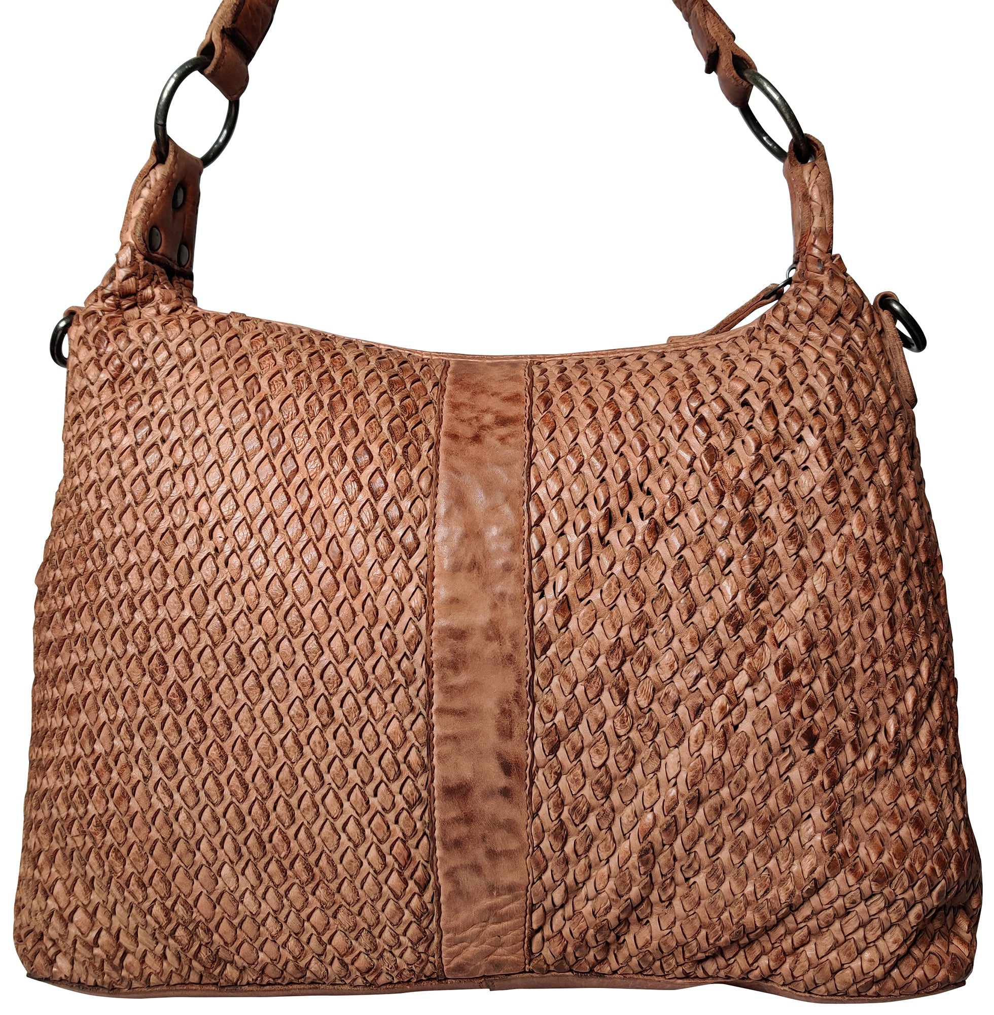 Leather Hand-Woven Tote Shoulder Bag for Women, Cognac