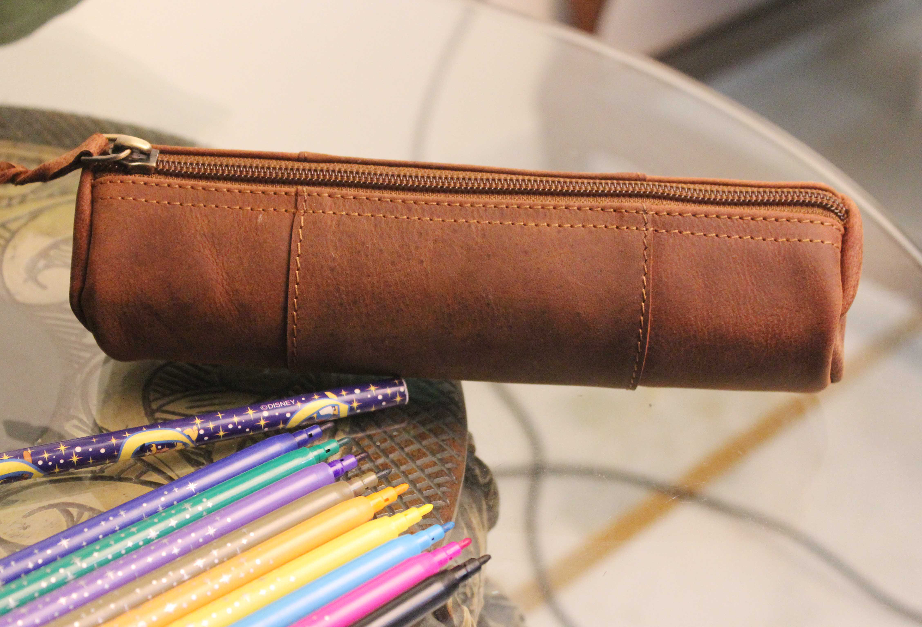 Practical Pencil Case / Pencil Pouch, Buffalo Leather, Cognac-brown,  Personalized Engraving Possible, 010 